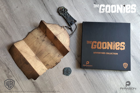 The Goonies movie prop replicas by Paragon FX Group are in stock and ready to ship. Cosplay set includes Spanish Doubloon, Treasure Map and Copper Bones Key. Fully licensed by Warner Brothers, these limited edition props are perfect for any collection.