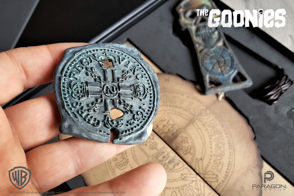 The Goonies movie prop replicas by Paragon FX Group are in stock and ready to ship. Cosplay set includes Spanish Doubloon, Treasure Map and Copper Bones Key. Fully licensed by Warner Brothers, these limited edition props are perfect for any collection.