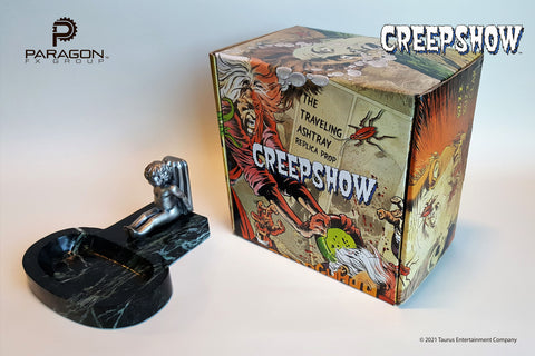 Creepshow movie prop replicas by Paragon FX Group. We are honored to have recreated George A Romero's "The Travelling Ashtray" or "Roaming Ashtray" from the beloved 1982 horror anthology, Creepshow. Manufactured from 4 pounds of solid marble, this limited edition, full-size prop replica is adorned with a pewter cherub.